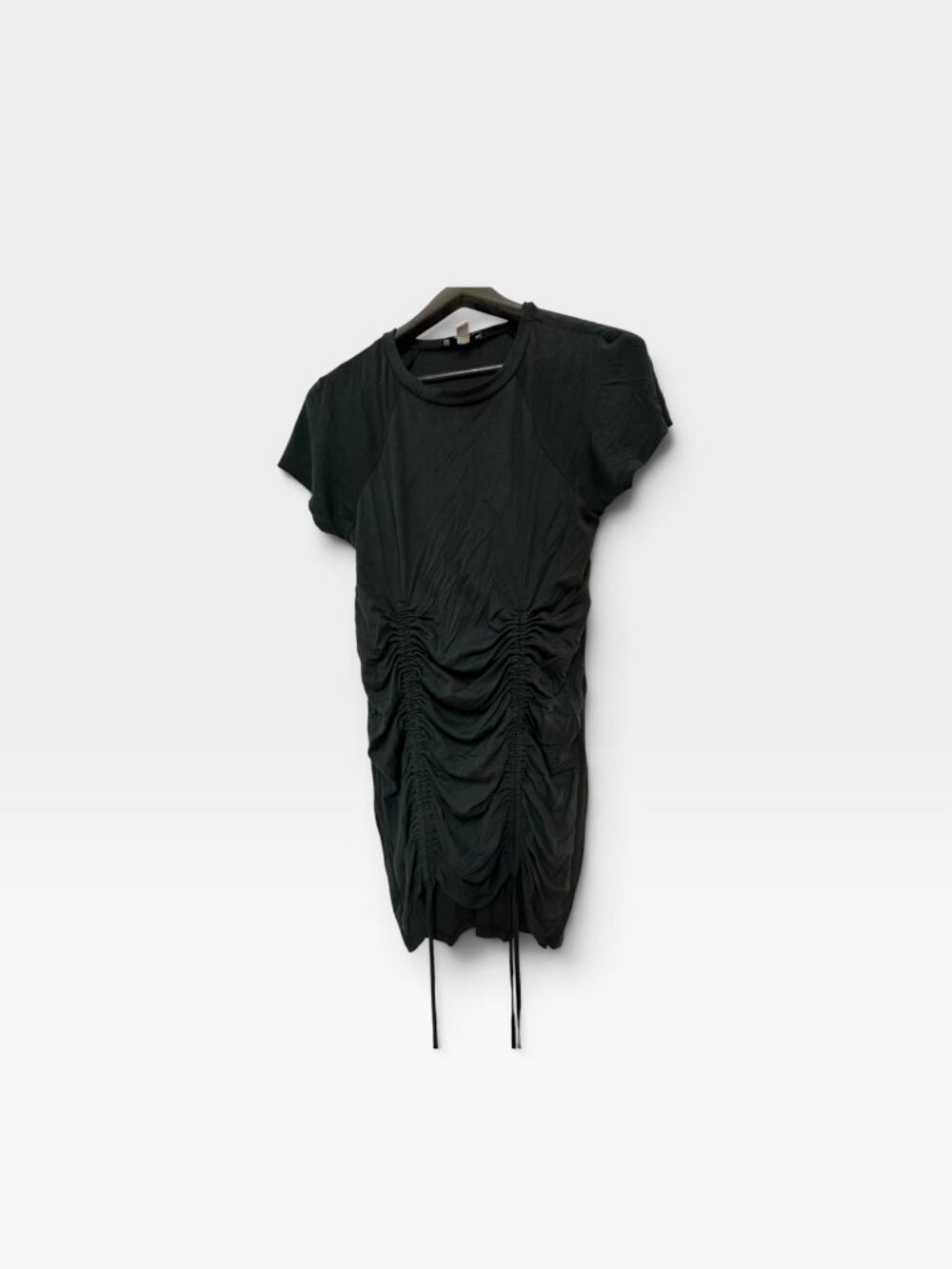 Topshop Black Ruched Mini Dress, Size 10, Short Sleeve Drawstring Sides, Crew Ne